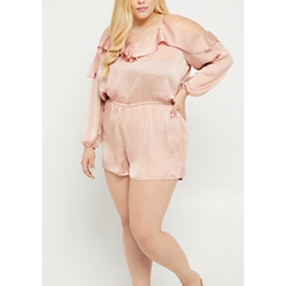 Blush satin cold shoulder flounced Romper